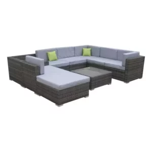 Milano Outdoor 9 Piece Oatmeal Rattan Sofa Set Black Coating & Grey Seats - 401497